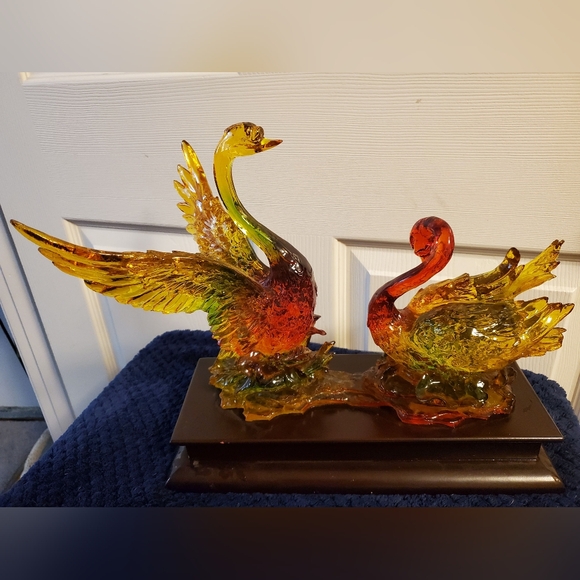 Other - Elegant Acrylic Swan Sculpture Attached To Solid Wooden Box. Multicolored.